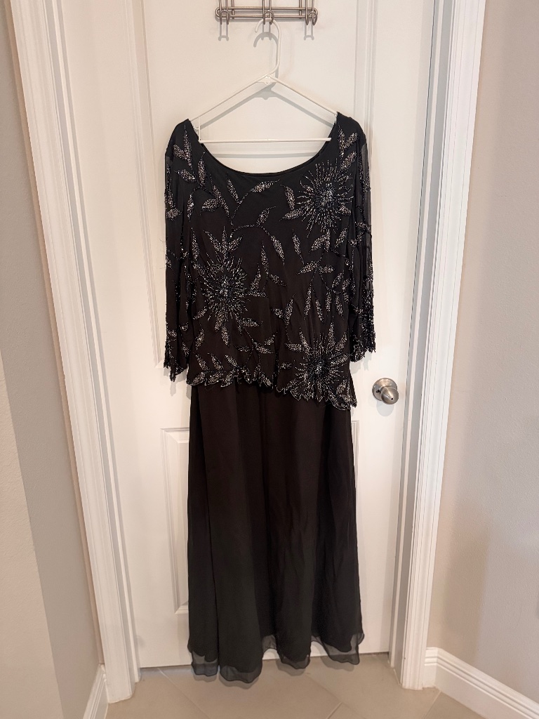 Jkara Woman's 3/4 Sheer Sleeve, Solid, Beaded Dress
